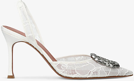 Amina Muaddi Womens White Camelia 90 Slingback Lace Heeled Courts Eur 40.5 / 7.5 Uk Women