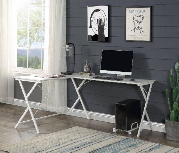 PAGEDLShapedComputerDeskModernOfficeDeskwith4-WheeledCPUStandandWoodenDesktopforStudyWorkWhite