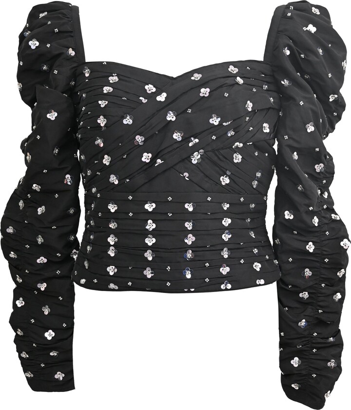 Self-Portrait Sequin-Embellished Puff-Sleeve Ruched Top in Black Polyester
