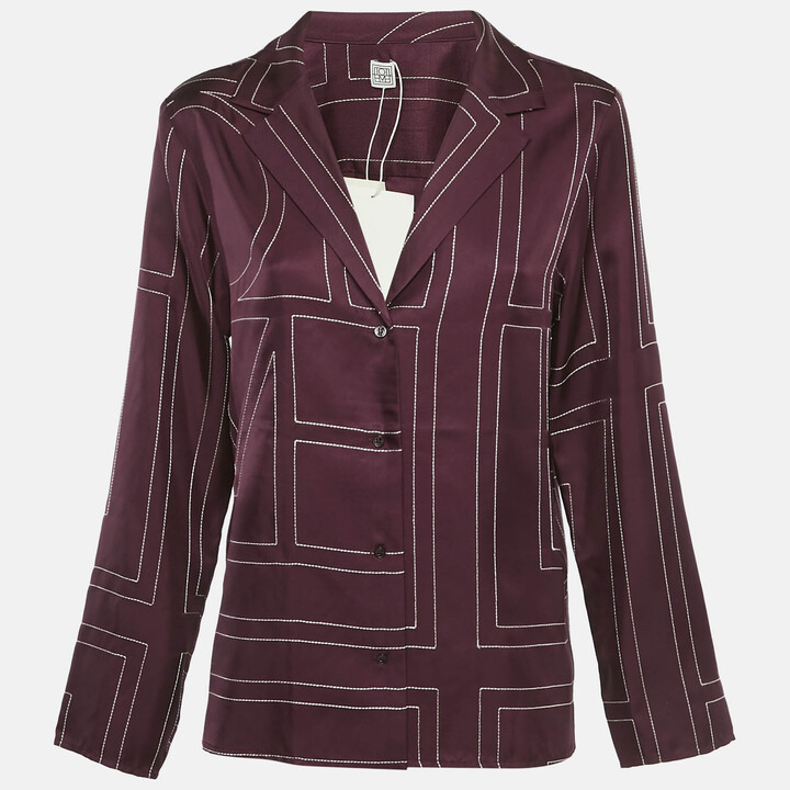 Totême Burgundy Monogram Embroidery Satin Silk Pajama Shirt L