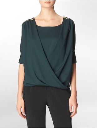 Calvin Klein Womens Zip Detail Drape V-Neck Roll-Up Sleeve Top Shirt
