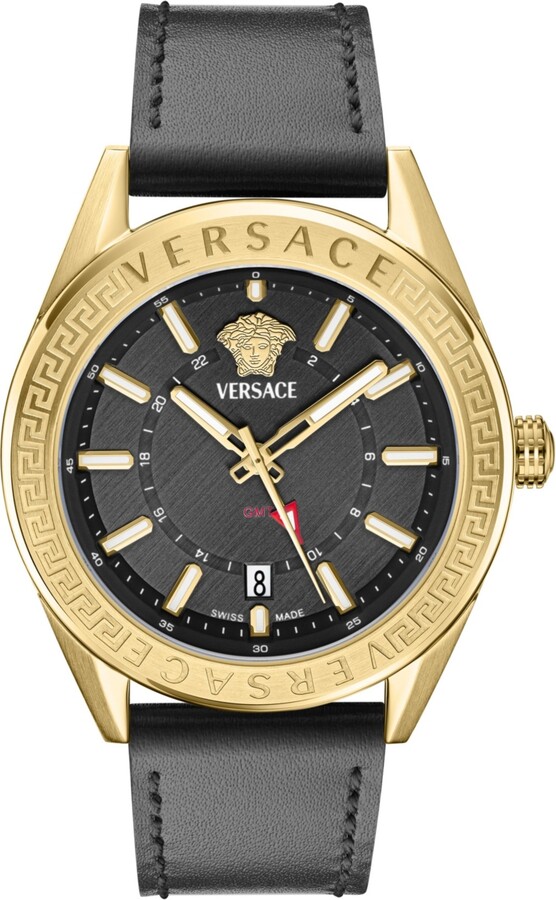 Versace Men's V-Code Ip Yellow Gold Stainless Steel and Leather Strap Watch, 42mm - Gold/Black