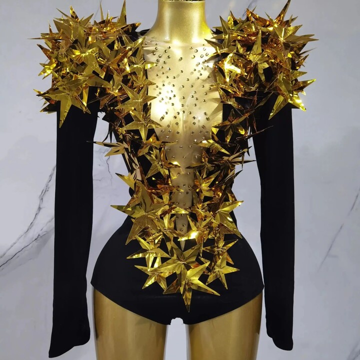 None 2025 New Shiny Black Rhinestone Velvet Long Sleeve Bodysuit Women Evening Party Club Gala Hosts NightClub Bar Stage Costumes