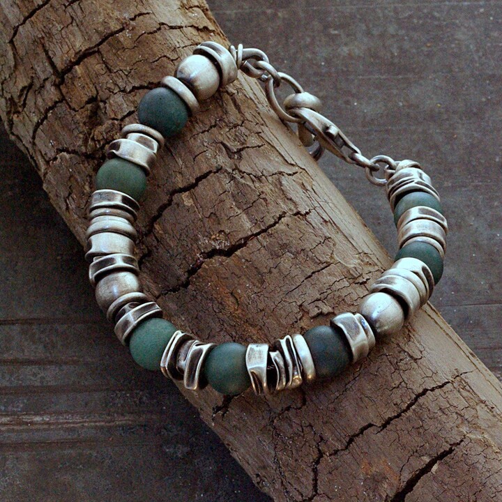 Etsy Moss Agate Oxidized Sterling Silver Bracelet - 8mm Dark Green Stone
