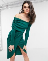 Thumbnail for your product : ASOS DESIGN bare shoulder wrap pencil midi dress in forest green