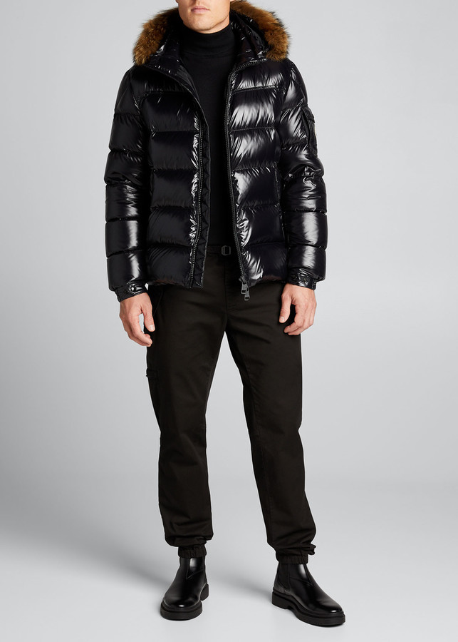 Moncler Men's Marque Shiny Quilted Puffer Jacket w/ Fur Hood ...
