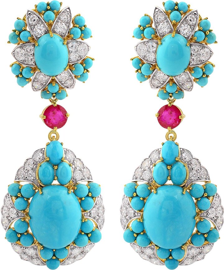 Spectrum Jewels Arizona Turquoise Gemstone Dangle Earrings Ruby Diamond 14 Karat Yellow Gold