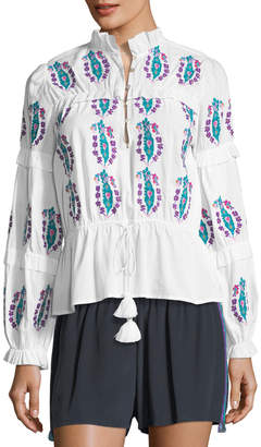 Figue Adeline Long-Sleeve Floral-Embroidered Cotton Voile Top