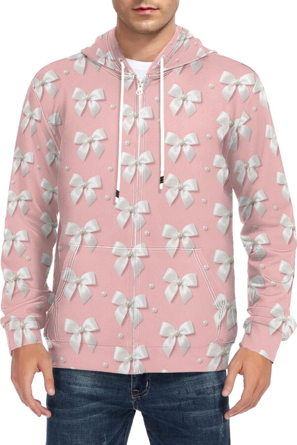 CUPADA Mens Full Zip Hoddie White Bows Pearls Long Sleeve Casual Sweatshirt with Pocket Jacket Fall Winter Coat