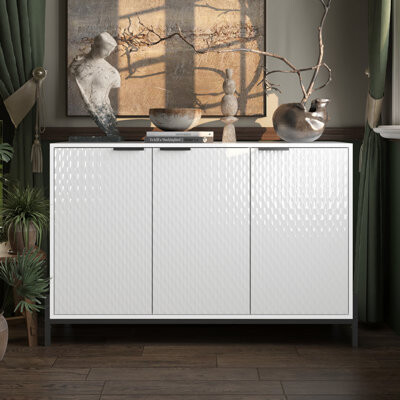Wrought Studio Modern High Gloss 3-Door Cabinet -Buffet Sideboard With Powder Coated Metal Feet