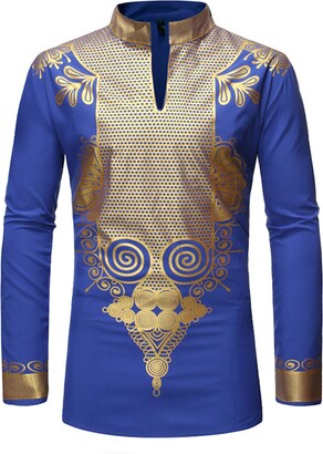 Britainlotus Mens Fashion Long Sleeve Mandarin Collar Dashiki Africa Print Shirt Tops 