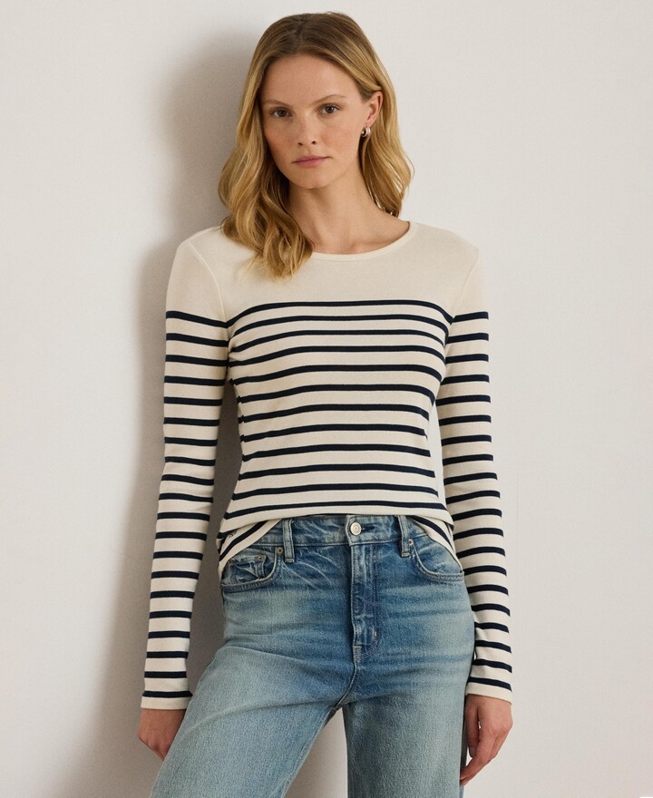 Lauren Ralph Lauren Women's Striped Cotton Long-Sleeve Tee - Mascarpone Cream/taupe Brown