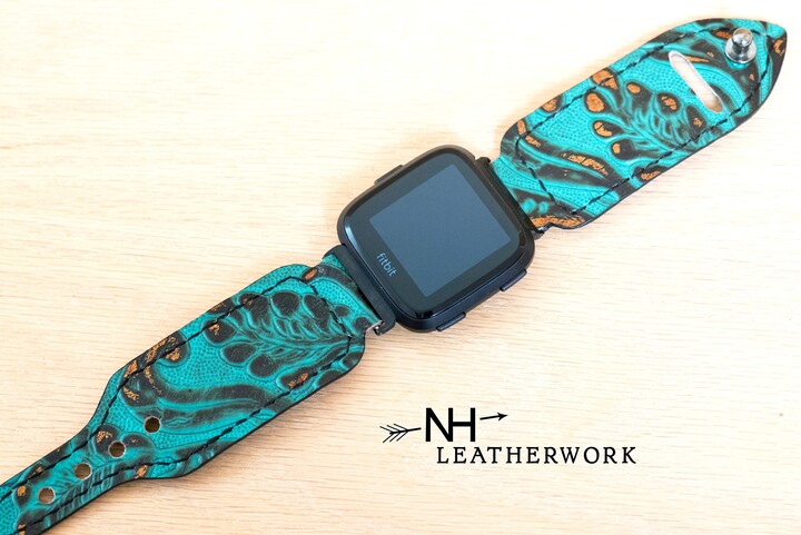 Leather Watch Band Strap, Gold & Turquoise Floral Embossed Apple 38mm 40mm 41mm 42mm 44mm 45mm 46mm 49mm, Samsung Galaxy Ultra 47 8