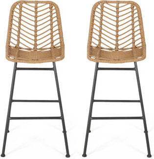 Latitude Run 2-Piece Outdoor Wicker Bar Stools Modern Rattan Patio High Dining Chairs with Chevron Weave & Legs Light Brown