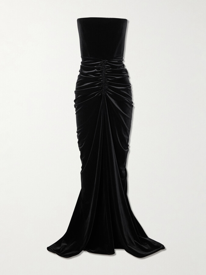 Alex Perry Strapless Ruched Velvet Gown - Black