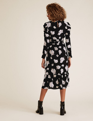 Marks and Spencer Floral Puff Sleeve Midi Waisted Dress