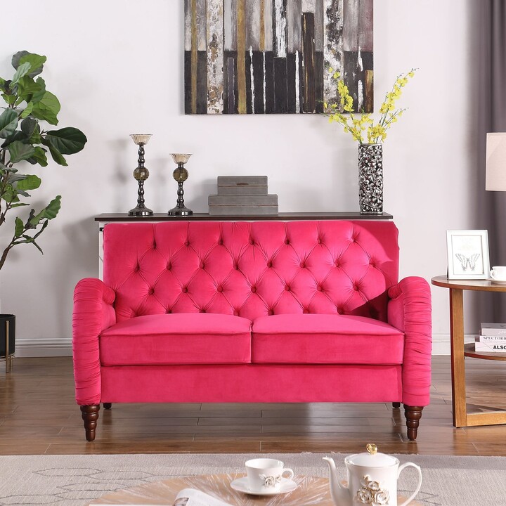 EDWINRAYLLC Modern Velvet Upholstered Sofa Rose Red Loveseat Sofa