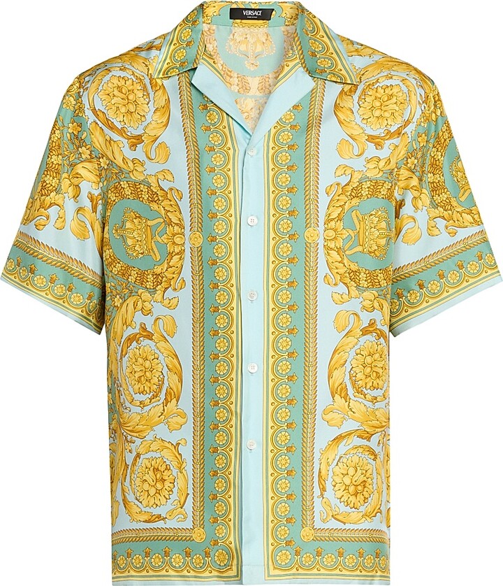 Versace Men's Barocco 92 Print Silk Shirt - Sea Green Celeste - Size 36