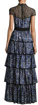 Thumbnail for your product : Alice + Olivia McKee Mock-Neck Tiered Printed Satin Maxi Dress w/ Lace