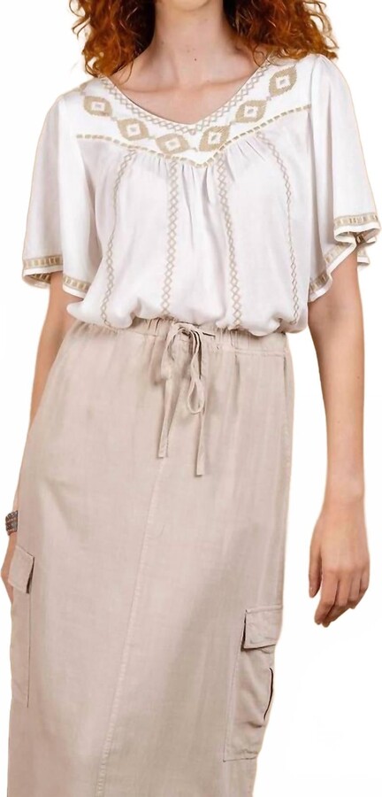 Paparazzi Women's Crepe Embroidered Smock Top In White-Khaki