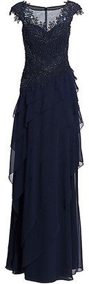 Teri Jon by Rickie Freeman Embellished Lace Ruffle Gown