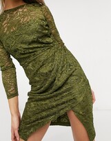 Thumbnail for your product : Little Mistress lace wrap front midi dress in olive