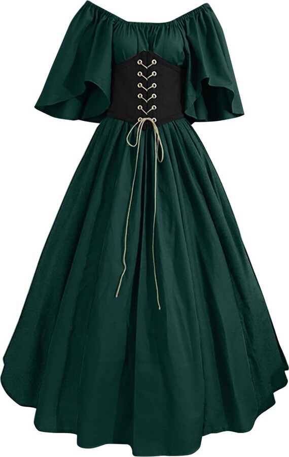PANGHUBO Medieval Costume for Womens Trumpet Sleeve Irish Shirt Dress ...