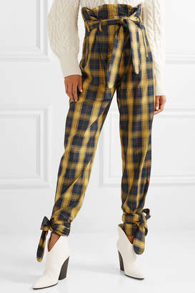 ATTICO Tie-detailed Belted Checked Cotton-twill Straight-leg Pants - Yellow