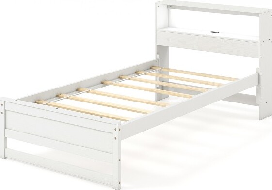 Costway CostwayTwinSizeWoodenBedFramew/ChargingStation&LEDLightStorageHeadboardWhite