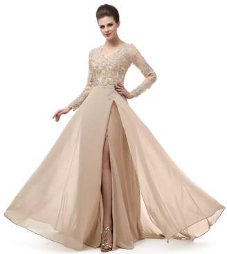 menoqo Beautiful Prom V Neckline Ruffled Skirt Long Sleeve High Waistline Cocktail Dress MNQ170406-Champagne