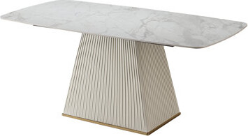 Orren Ellis 71-Inch Stone DiningTable with Carrara White color and Striped Pedestal Base