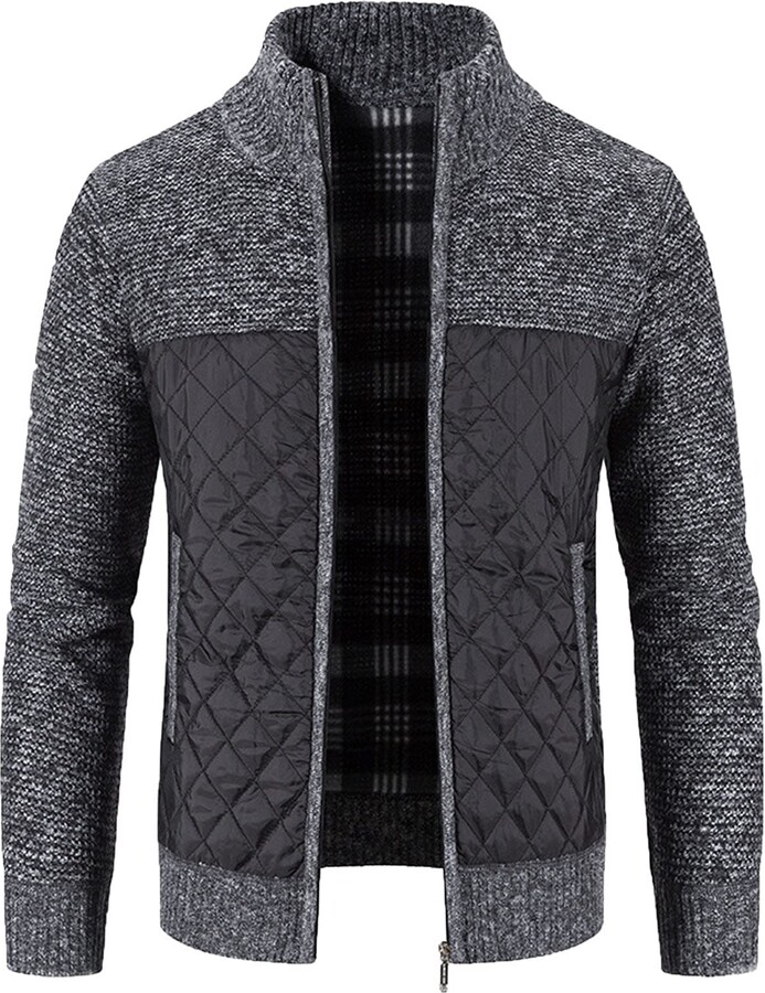 VESNIBA Fleece Lined Jacket Men's Cardigan Jumper Quilted Patchwork
