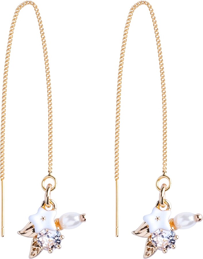 My Little Nature White / Gold Gold Plated Threader Earrings – Pull-Through Dangling Earrings With Flower