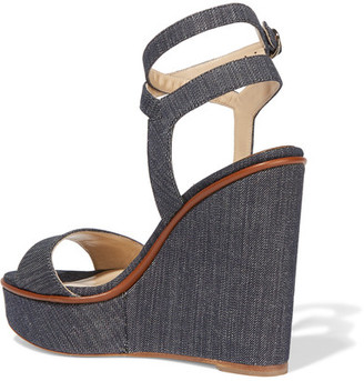 Paul Andrew Laura Leather-Trimmed Denim Wedge Sandals