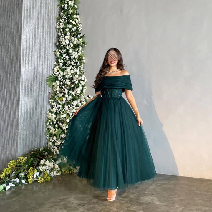 SSYTENS Dark Green Evening Dresses Off Shoulder Tulle Customized Arabian Dubai Prom Dress Ankle Length Formal Event Occasion Gowns 2026