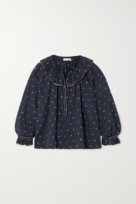 DÔEN + Net Sustain Ethel Ruffled Embroidered Organic Cotton-voile Blouse - Navy