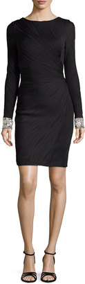 Jovani Textured Long-Sleeve Cocktail Dress with Beaded Cuffs