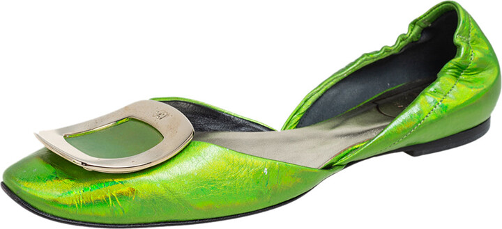 Roger Vivier Metallic Green Leather Flats