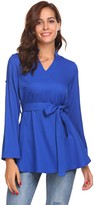 Thumbnail for your product : ELESOL Women Slim Fit Roll Up Sleeve V Neck Tie Waist Tunic Shirt Blue/S