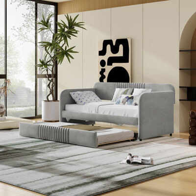 Latitude Run Upholstered Daybed Sofa Bed Twin Size With Trundle Bed and Wood Slat