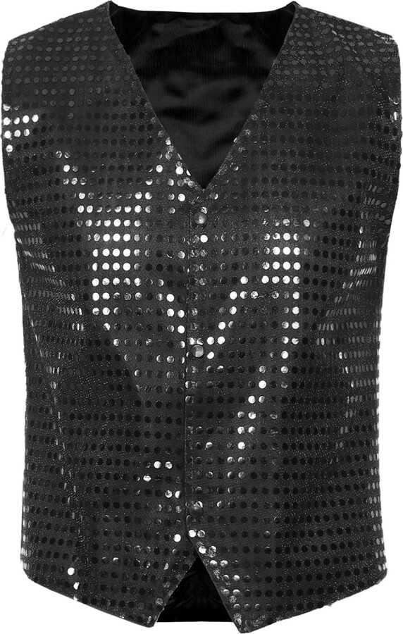 iiniim Men's Shiny Sequin Vest Sim Fit VNeck Party Club Dress Suit