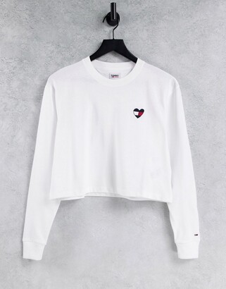 Tommy Jeans heart flag logo long sleeve top in white