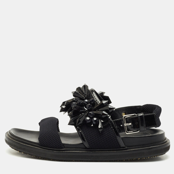 Marni Black Fabric and Patent Embellished Flat Slingback Sandals Size 38
