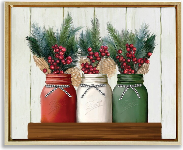 Stupell Industries Festive Holiday Jars Christmas Berry Bouquets Metallic Gold Framed Floating Canvas Wall Art, 16x20, by Ziwei Li