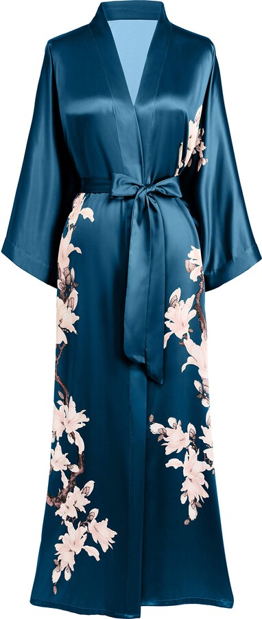 Men's Dressing Gown Blue Floral Chenille Cotton Silver Satin