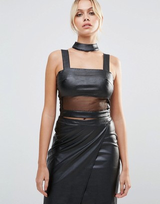 Daisy Street Faux Leather Crop Top With Mesh Insert