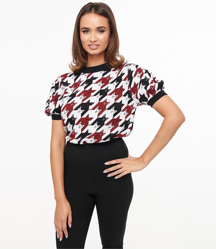 Unique Vintage Houndstooth Cat Short Sleeve Swe ater