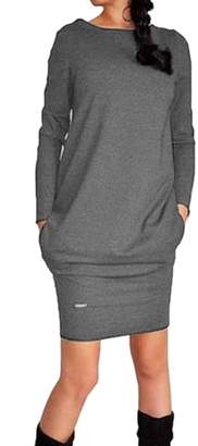 Tasatific Women Long Sleeve Solid Pocket Tunic Shirt Dress S Dark Grey