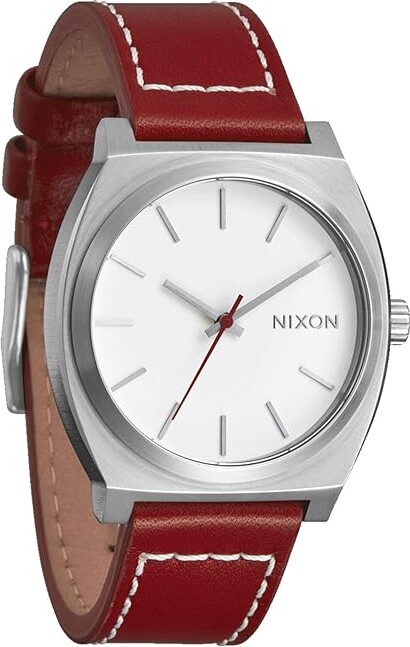 Nixon Time Teller Leather Men's Watches Silver/Egret/Cranberry, Leather/Stainless Steel