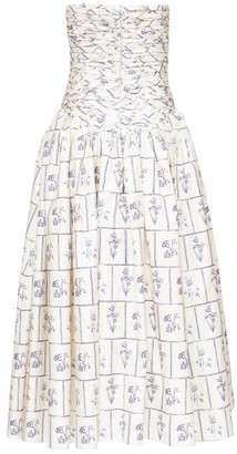 KHAITE Cleo Strapless Ruched Floral Tile-print Midi Dress - White Print